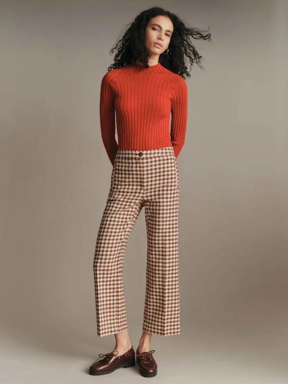 NWT Sézane Martin Crop Trousers in Brown/Ecru Gingham Size 4/36
